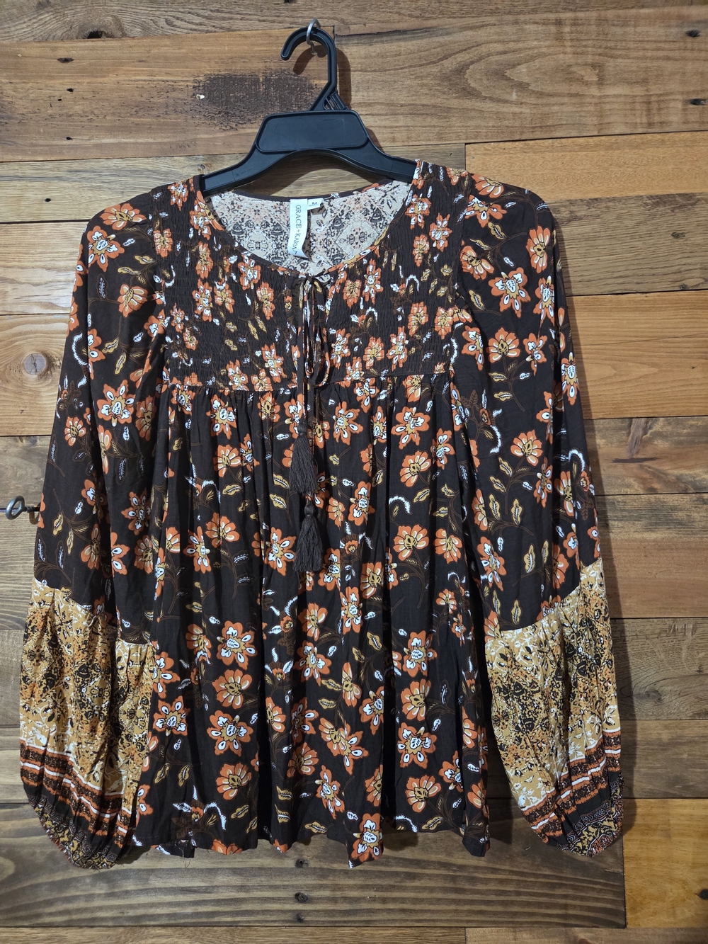 Boho Floral Peasant Blouse Smocked Shoulders Balloon Sleeve Cottagecore Tassel M